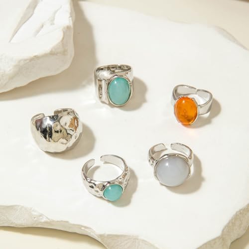 Chunky Gemstone Rings for Women Gold Silver Chunky Rings Set Adjustable Thick Statement Ring Trendy Fashion Silver Jewelry - style: ASilver