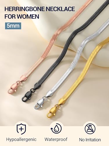 PROSTEEL 3mm/5mm Herringbone Choker Necklace for Women, 12.5"/15"/18", Stainless Steel/Sterling Silver Flat Snake Chain in Silver/Yellow Gold/Rose Gold/Black, Come with Box - color: 5mm-Gold Plated, size: 15 Inch