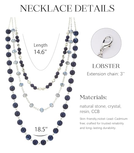 Noessla Layered Beaded Necklaces for Women - 3 Strand Boho Statement Choker Fashion Jewelry Gifts - color: Blue