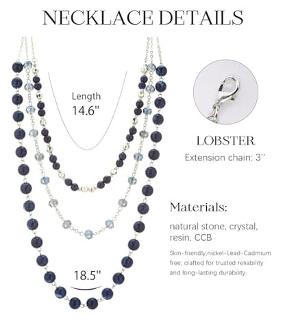 Noessla Layered Beaded Necklaces for Women - 3 Strand Boho Statement Choker Fashion Jewelry Gifts - color: Blue