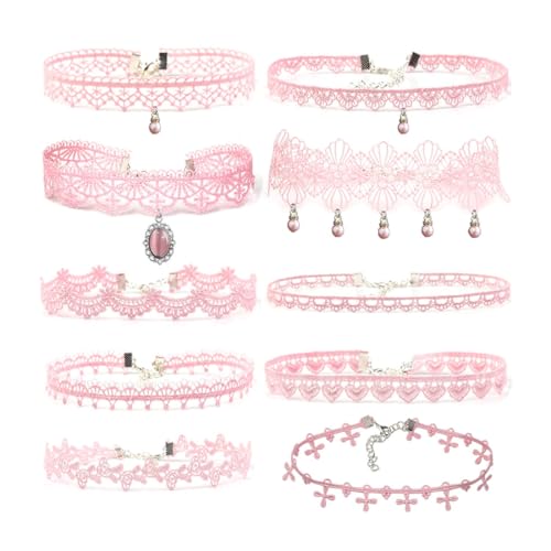Pink Lace Choker Necklace Set, 10 Pieces - color: Pink