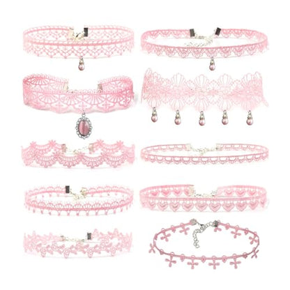 Pink Lace Choker Necklace Set, 10 Pieces - color: Pink
