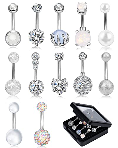3-12 Pcs 14G Belly Button Rings Belly Rings for Women CZ Opal Navel Rings Belly Piercings Jewelry Belly Barbells Stainless Steel Body Belly Button Piercing Jewelry - color: Silver 12pcs