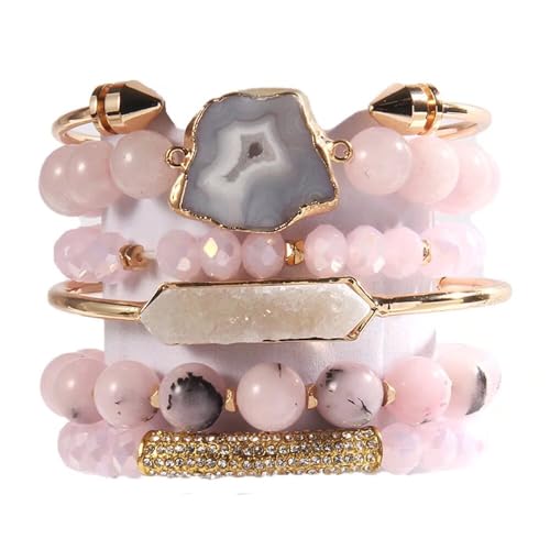 Yomisa 5PCS 6PCS Natural Boho Beaded Bracelets/Bangle for Women Men,Healing Turquoise Jasper Agate Crystal Gemstone Stone Chakra Multilayer Wrap Bohemian Handmade Jewelry Beads Stretch Bracelet Set - color: 6PCS-Pink
