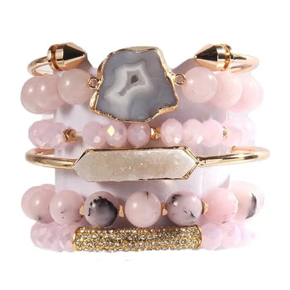 Yomisa 5PCS 6PCS Natural Boho Beaded Bracelets/Bangle for Women Men,Healing Turquoise Jasper Agate Crystal Gemstone Stone Chakra Multilayer Wrap Bohemian Handmade Jewelry Beads Stretch Bracelet Set - color: 6PCS-Pink