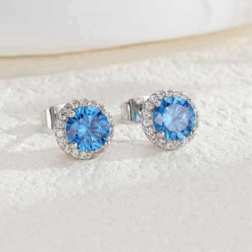 YOMELA Round Cubic Zirconia Stud Earrings for Women | Everyday Dainty, Diamond-Like Brilliance, CZ Halo Birthstone Studs, Hypoallergenic & Lightweight, Elegant & Versatile - color: Royal Blue