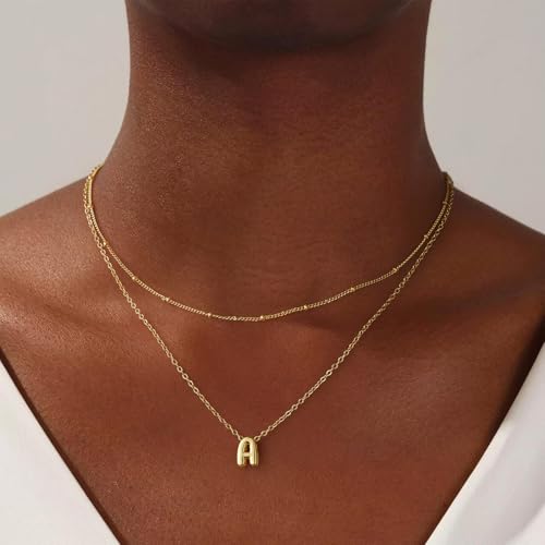 Thaivor Initial Necklaces for Women 14K Gold Plated Bubble Letter Necklace Layered Dainty Cute Choker Pendant Stack Jewelry Fashion Accessories Teen Trendy Gift - color: Gold, style: A-1