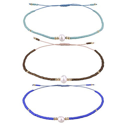 KELITCH 3 PCS Natural Pearls Bracelets Women Strand Thin Rope Friendship Bracelets Handmade Stack Charm Bracelets - color: 0002J