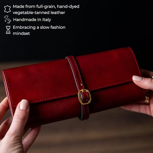 Time Resistance Leather Jewelry Roll - Full Grain Leather Travel Jewelry Case - Jewellery Organizer Made in Italy (Red) - color: Red