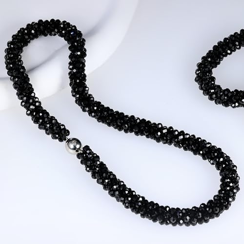 Hand Knotted Beads Statement Necklace Bracelet Jewelry Set Artificial Crystal Choker for Women- Handmade Beaded Strand Sparkly Faceted Crystal Rondelle-17inches, 30 Colors - color: Black