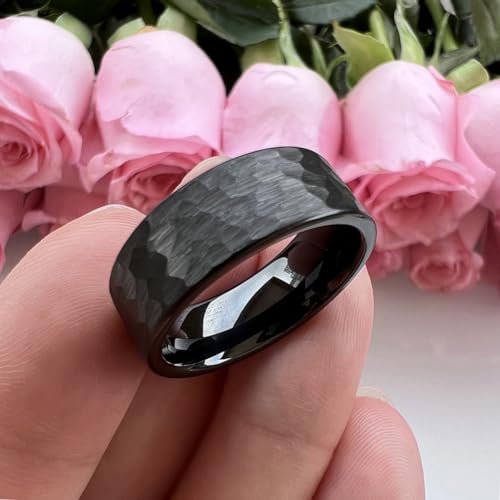 TUTISS 6mm 8mm Silver/Black/Gunmetal/Gold/Rose Gold Hammered Tungsten Rings for Men Women Couple Fashion Jewelry Engagement Wedding Bands Matte Finish Comfort Fit - color: 8mm Black Tungsten
