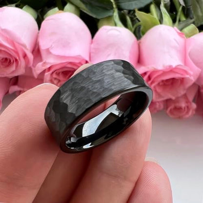 TUTISS 6mm 8mm Silver/Black/Gunmetal/Gold/Rose Gold Hammered Tungsten Rings for Men Women Couple Fashion Jewelry Engagement Wedding Bands Matte Finish Comfort Fit - color: 8mm Black Tungsten