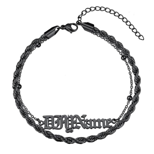 ChainsHouse Double Layer Anklet Bracelet for Women,Adjustable Chain Anklets Stackable Dainty Anklets,Stainless Steel/Gold Plated/Black Ankle Jewelry Gifts - color: C-Black-Rope Chain