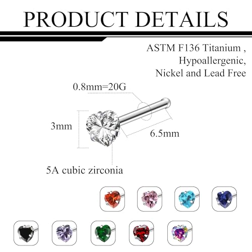 ASTM F136 Titanium Nose Rings 18G 20G 22G Mix Color Heart Cubic Zirconia Nose Studs Ring Screw L-Shaped Bone Hypoallergenic Body Piercing Jewelry for Women 3mm 10PCS - style: Bone:20G(0.8mm)