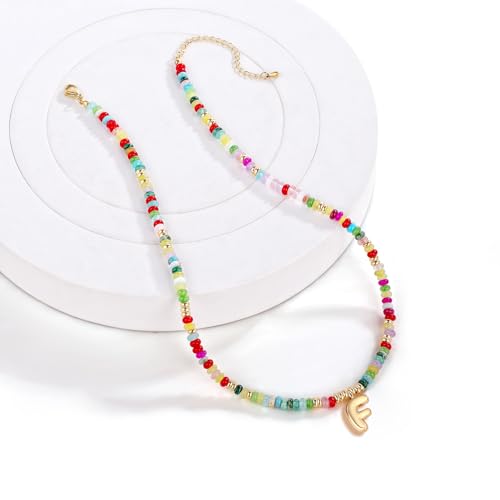 YOUFENG Initial Letter Necklaces for Women Colorful Beaded Gemstone Choker 14K Gold Plated Bubble Letter Pendant Necklace Natural Stone Handmade Jewelry Gift - color: F