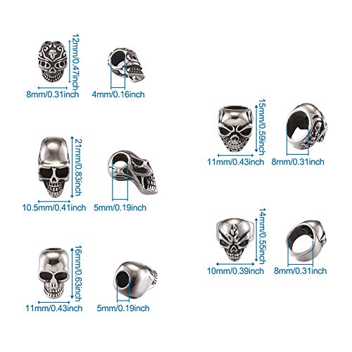 Elecrelive 10Pcs Skull Head Large Hole Beads Skeleton Skull Stainless Steel Spacer Beads 5 Styles Halloween Bracelet Charms for Gothic Bracelets Earrings Jewelry Making - color: Antique Silver-10pcs