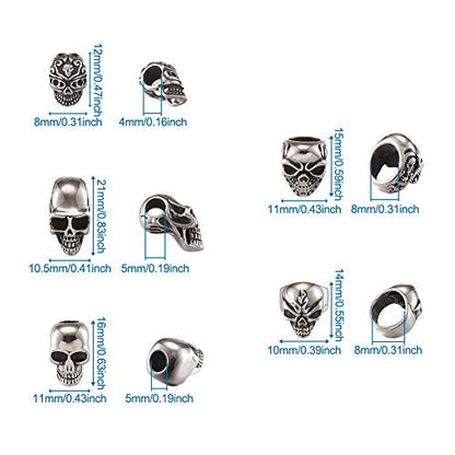 Elecrelive 10Pcs Skull Head Large Hole Beads Skeleton Skull Stainless Steel Spacer Beads 5 Styles Halloween Bracelet Charms for Gothic Bracelets Earrings Jewelry Making - color: Antique Silver-10pcs