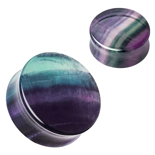 Pierced Owl Natural Rainbow Fluorite Stone Double Flared Plugs, Sold as a Pair - style: 12mm (1/2")