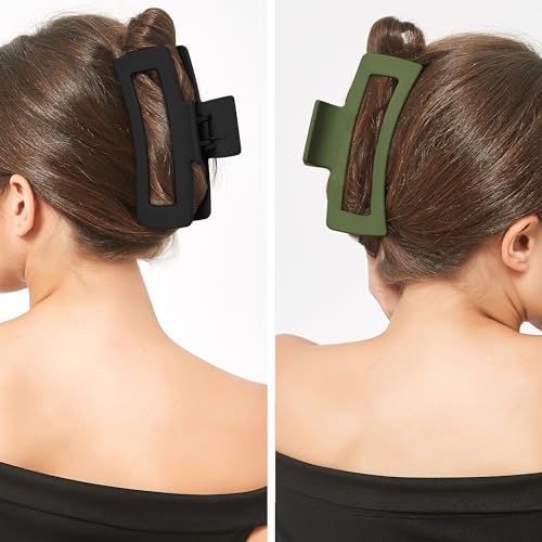 XXL Jumbo Rectangle Claw Clips for Thick Hair - Strong Hold Hair Clips | Rectangle Design | Matte Finish | Non Slip | Wide Opening | 2 Pack (Black & Green) - color: Black & Green