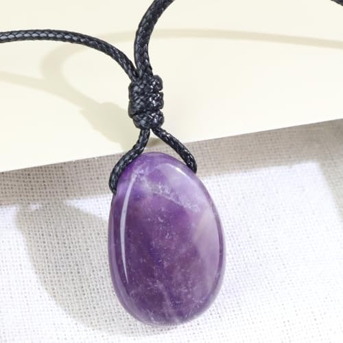 Natural Gemstone Pendant Necklace Healing Crystal Stone Choker Necklace Adjustable Waxed Black Rope for Men - color: Amethyst