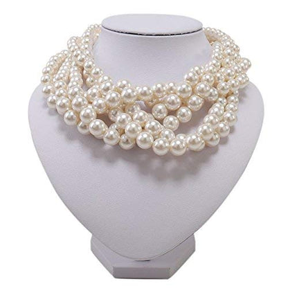 Kalse Simulated Pearl White Beads Cluster Statement Chunky Bib Short Choker Necklace 16 17 18 inch