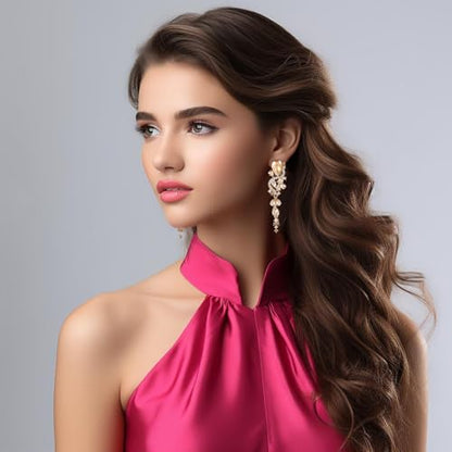 Fashion Rhinestone Statement Drop Dangle Earrings Long Colorful Crystal Bridal Wedding Teardrop Chandelier Earrings for Women Prom Pageant - color: Champagne