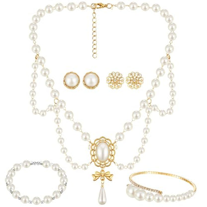 Glenmal Pearl Rhinestone Jewelry Set for Women Pearl Necklace Bracelet Earrings for Wedding Halloween Bridal Shower Tea Party - style: Casual Style