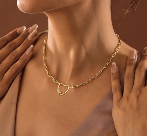 CAROVO 18K Gold Silver Plated Paperclip Chain Necklace for Women Delicate Love Heart Pendant Link Paperclip Chain Necklaces for Women - style: D: Heart CZ Necklace