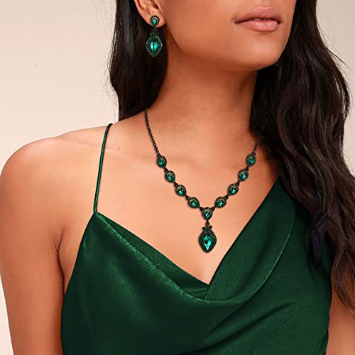 EVER FAITH Bridal Wedding Crystal Marquise Teardrop Pendant Necklace Earrings Bracelet Set for Prom - color: Green Black-Tone