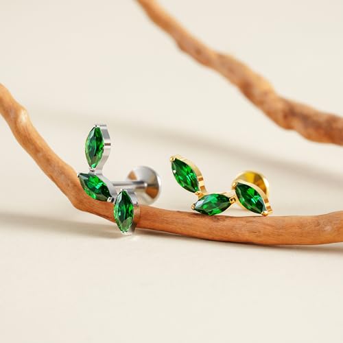 FINE4U 16G CZ Cluster Climber Cartilage Earring for Helix, Tragus - ASTM F136 Titanium Triple Marquise Labret Stud, Screw on Nickel Free Flat Back Jewelry - color: Triple Marquise - Green CZ - Tit