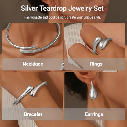 4 Pcs Chunky Gold Jewelry Set for Women, 14K Gold Plated Cuff Choker Collar Necklace, Teardrop Drop Earrings, Teardrop Wrap Ring, Hinged Cuff Bangle Bracelets, Statement Fashion Jewelry - color: 4 Pcs Silver Jewelry Set
