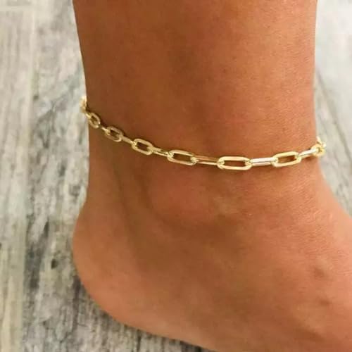 Gold Stainless Steel Anklet Chain for Women Adjustable Ankle Bracelet Fashionable Simple Design, Round mold chain - color: Gold+ Square chain, size: 22+3cm