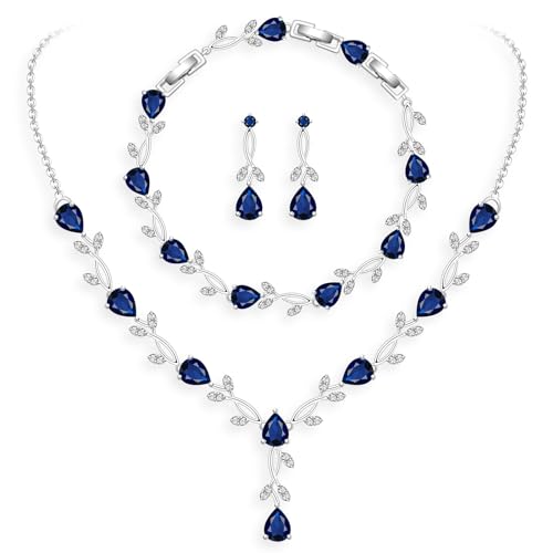GZWHD Wedding Jewelry Sets for Bride Bridesmaid Women Cubic Zirconia Necklace Earrings Bracelet Set Gift for Mother Friend Wife Daughter Sister Party Prom Jewelry - color: Blue