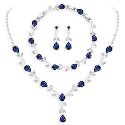 GZWHD Wedding Jewelry Sets for Bride Bridesmaid Women Cubic Zirconia Necklace Earrings Bracelet Set Gift for Mother Friend Wife Daughter Sister Party Prom Jewelry - color: Blue