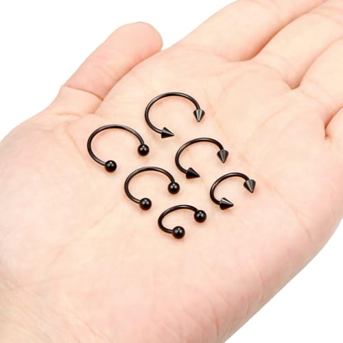 6PCS Septum Rings 18G Stainless Steel Nose Septum Ring Horseshoe Earring Eyebrow Lip Smiley Piercing Jewelry for Women Men Inner Diameter 8mm/10mm/12mm - color: black,ball+spike closure