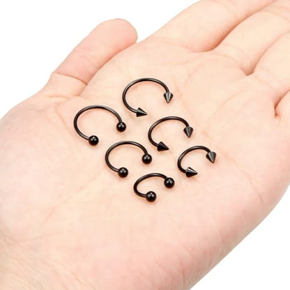 6PCS Septum Rings 18G Stainless Steel Nose Septum Ring Horseshoe Earring Eyebrow Lip Smiley Piercing Jewelry for Women Men Inner Diameter 8mm/10mm/12mm - color: black,ball+spike closure