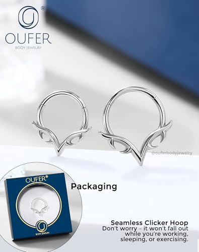 OUFER 16g Septum Rings, Blade Wings Septum Jewelry, V Shape Hinged Segment Clicker, Hypoallergenic Surgical Steel Nose Rings Hoops, Helix Daith Tragus Conch Piercing Jewelry for Women Men Silver/Gold - color: Silver