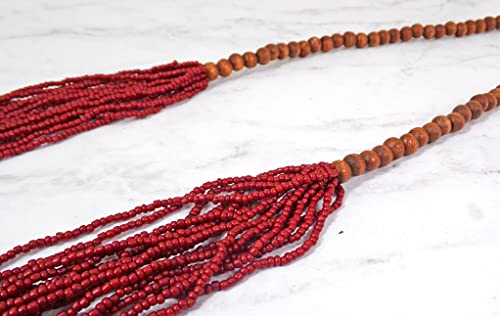 Long Red Multi-Strand Seed Bead Necklace with Wood Beads – 15 Layer Bohemian Statement Necklace, Casual Layered Fashion Jewelry