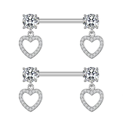 HQLA 14G Dainty CZ Love Heart Nipple Rings Tongue Ring Surgical Steel Nipple rings Piercing Women Barbells 2Pcs 25/8"(16mm) - style: Silver - Style D - Dangle CZ Love