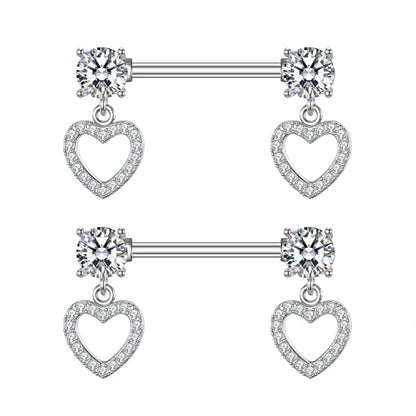HQLA 14G Dainty CZ Love Heart Nipple Rings Tongue Ring Surgical Steel Nipple rings Piercing Women Barbells 2Pcs 25/8"(16mm) - style: Silver - Style D - Dangle CZ Love