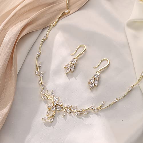 Crysdue Women's Wedding Bridal Jewelry Set for Brides Bridesmaids Cubic Zirconia Flower Leaf Vine Necklace Dangle Earrings for Prom Party - style: 16-gold
