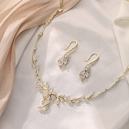 Crysdue Women's Wedding Bridal Jewelry Set for Brides Bridesmaids Cubic Zirconia Flower Leaf Vine Necklace Dangle Earrings for Prom Party - style: 16-gold