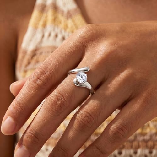 SAVORI Stainless Steel Round CZ Adjustable Ring Set for Women, 3 Styles (Closed Band, Open Bypass, Double Open Band), Hypoallergenic Solitaire Stackable Jewelry Gifts