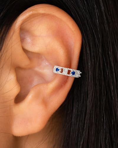 Ear Cuff for Women, 14K Gold/White Gold Plated Ear Cuffs Non Piercing Hypoallergenic Jewelry Gift - color: sapphire silver