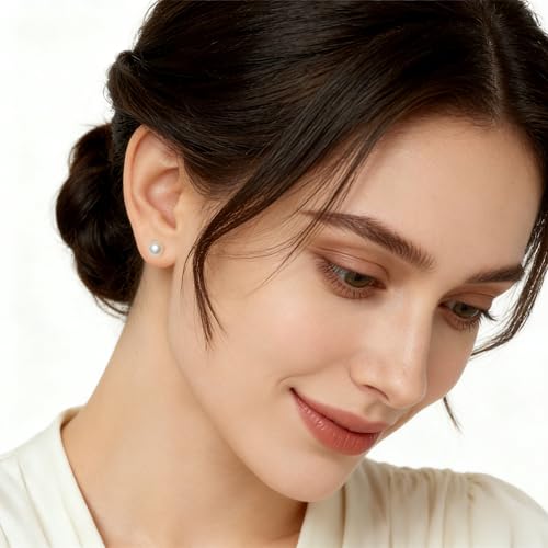 White Faux Pearl Stud Earrings, S925 Silver Posts Hypoallergenic for Women - color: Creamy White, size: 8mm