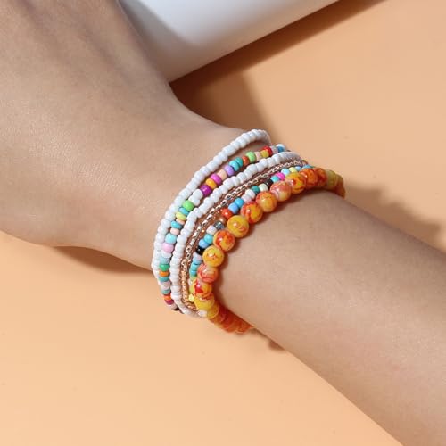 Bohemian Colorful Crystal Glass Beads Seed Beaded Bracelet Handmade Adjustable Stackable Elastic Strand Bangle for Women Summer Beach Hawaii Boho Wristbands Jewelry - color: orange