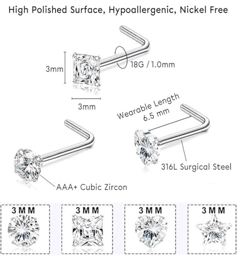 SEEDRILL 8Pcs 20G Nose Rings studs for Woman Hypoallergenic Nose Studs 316L Surgical Steel with Gold Plated Nose Piercings Jewelry 3mm CZ L Shape Nose Rings 20 Gauge Nose Stud Nose Screw Studs - style: 8Pcs/18G/3mm CZ/L-Shape/Silver