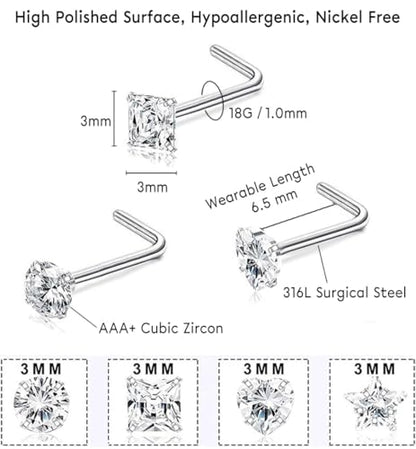 SEEDRILL 8Pcs 20G Nose Rings studs for Woman Hypoallergenic Nose Studs 316L Surgical Steel with Gold Plated Nose Piercings Jewelry 3mm CZ L Shape Nose Rings 20 Gauge Nose Stud Nose Screw Studs - style: 8Pcs/18G/3mm CZ/L-Shape/Silver