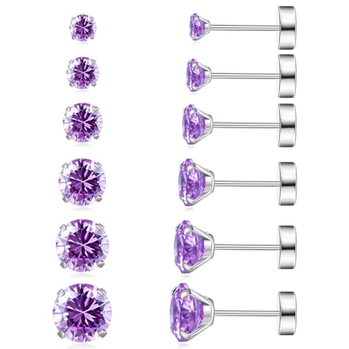 6 Pairs Surgical Steel Flat Back Earrings | CZ Stud Set | Hypoallergenic 316L Surgical Steel • Flat Back Threaded Studs for Cartilage, Helix & Lobe • 6 Mixed Sizes (3-8mm) - color: Flatback-Purple