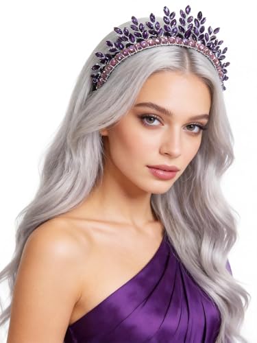 Bridal Rhinestone Headband Wedding Hair Accessories for Women, Pearl Crystal Headband Wedding Costume Headpieces for Brides Princess Quinceanera Christmas Party Prom Birthday(Purple) - color: Purple